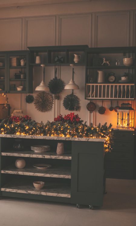 Cocina decorada de Navidad.